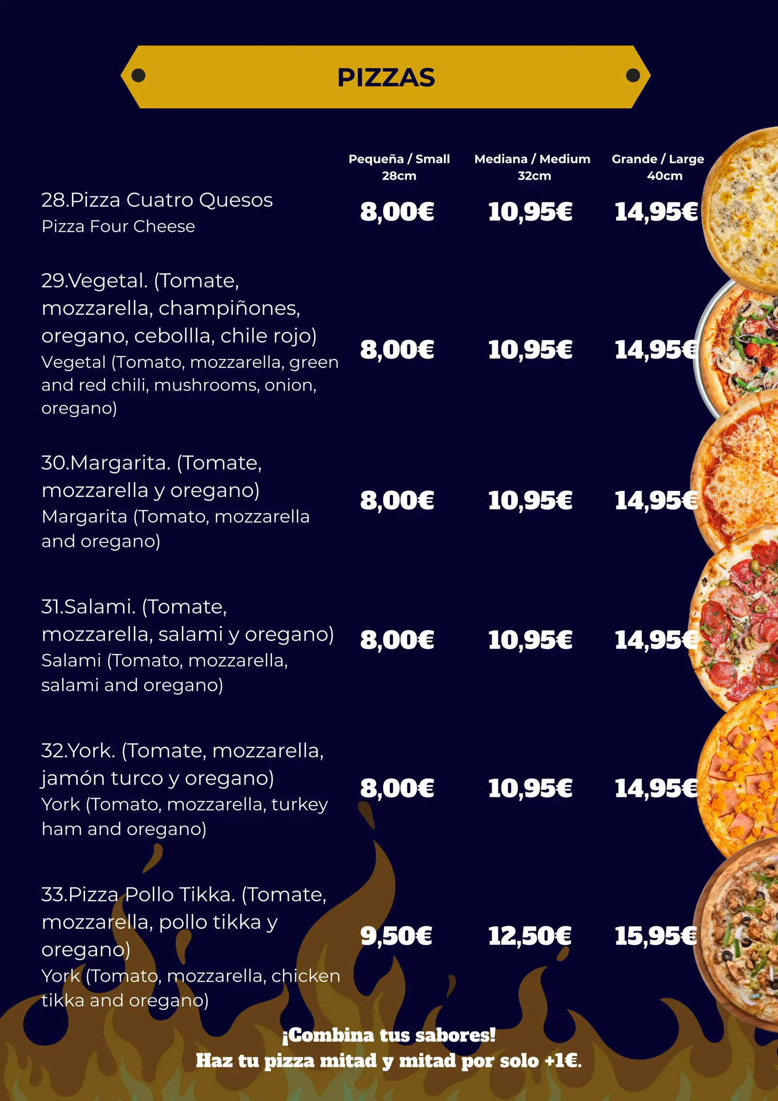 Carta M&J, Pizzas