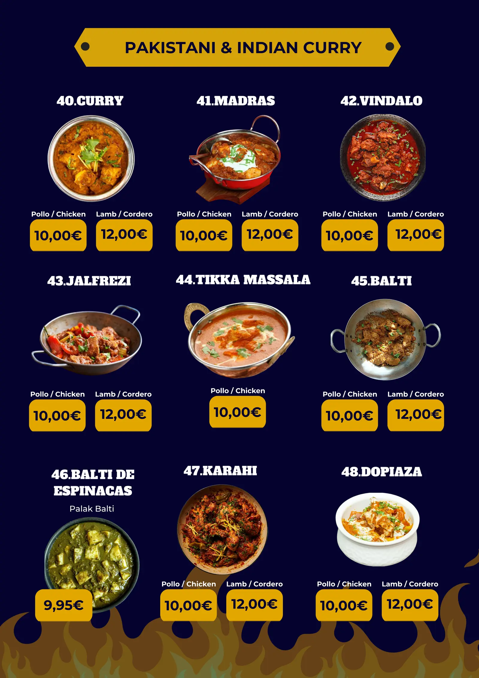 Sección Pakistani & Indian Curry de la carta M&J