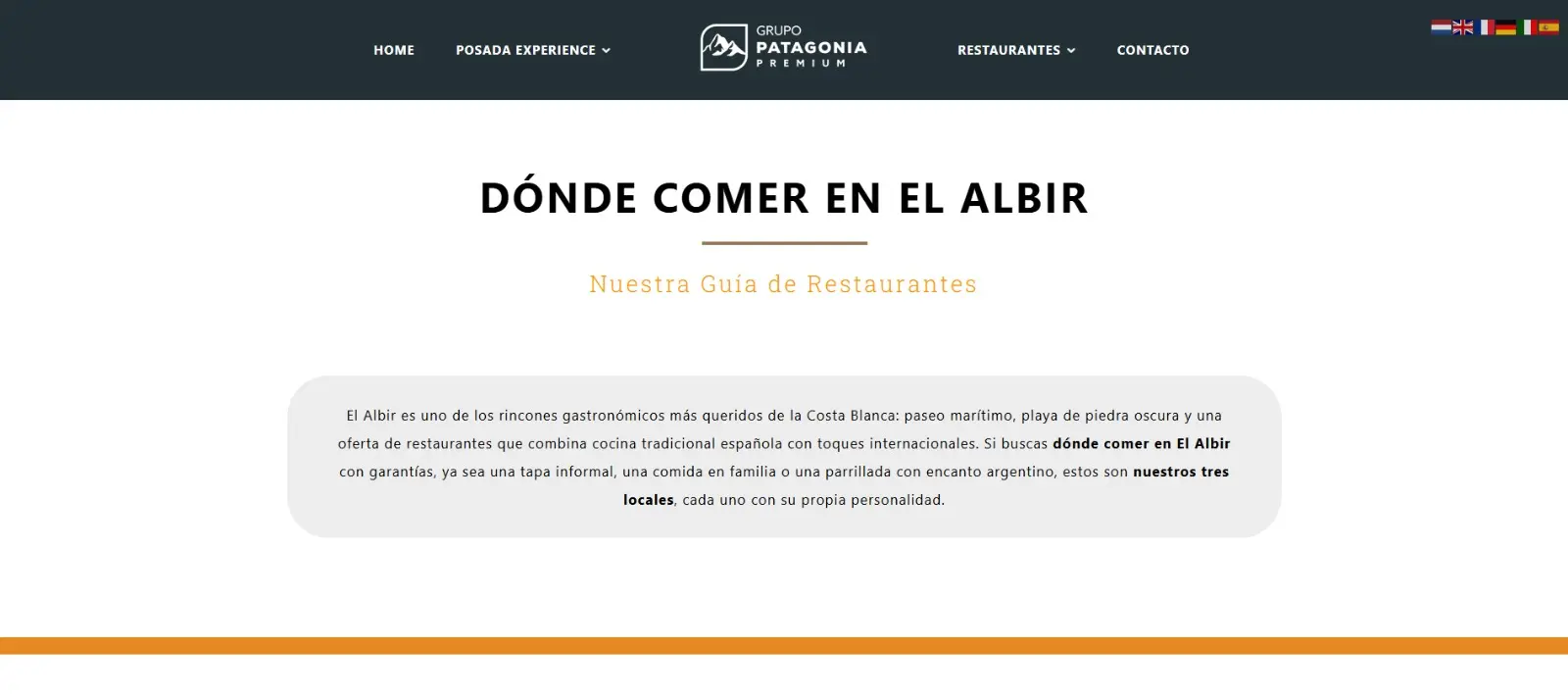 Página de contenido SEO 'Dónde Comer en El Albir' — Grupo Patagonia Premium