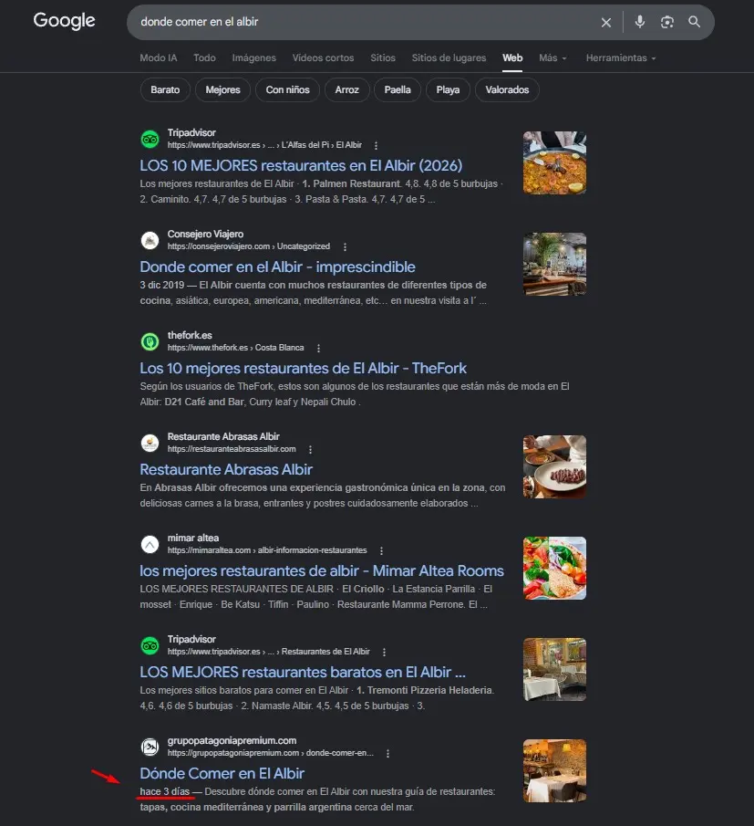 Resultados de Google para 'dónde comer en el Albir' — Grupo Patagonia Premium en top posiciones