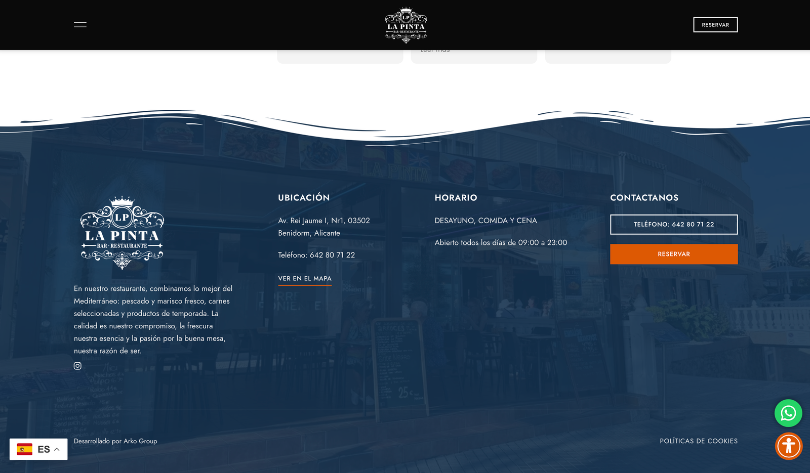 Footer con ubicación, horario y reservas, La Pinta