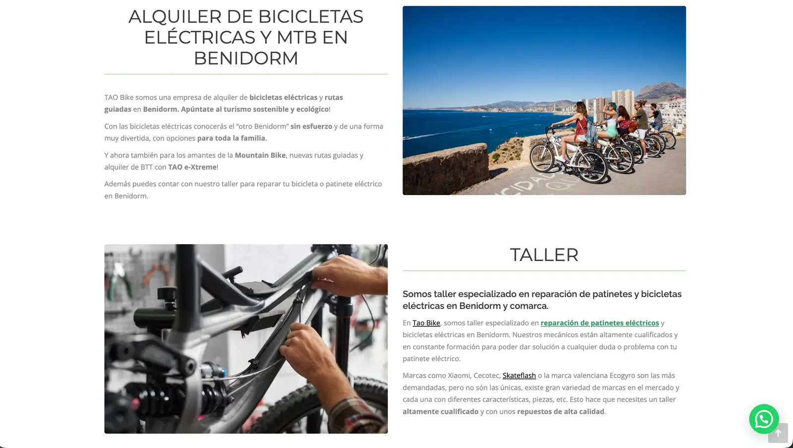 Sección de alquiler y taller mecánico en la web de TAO Bike