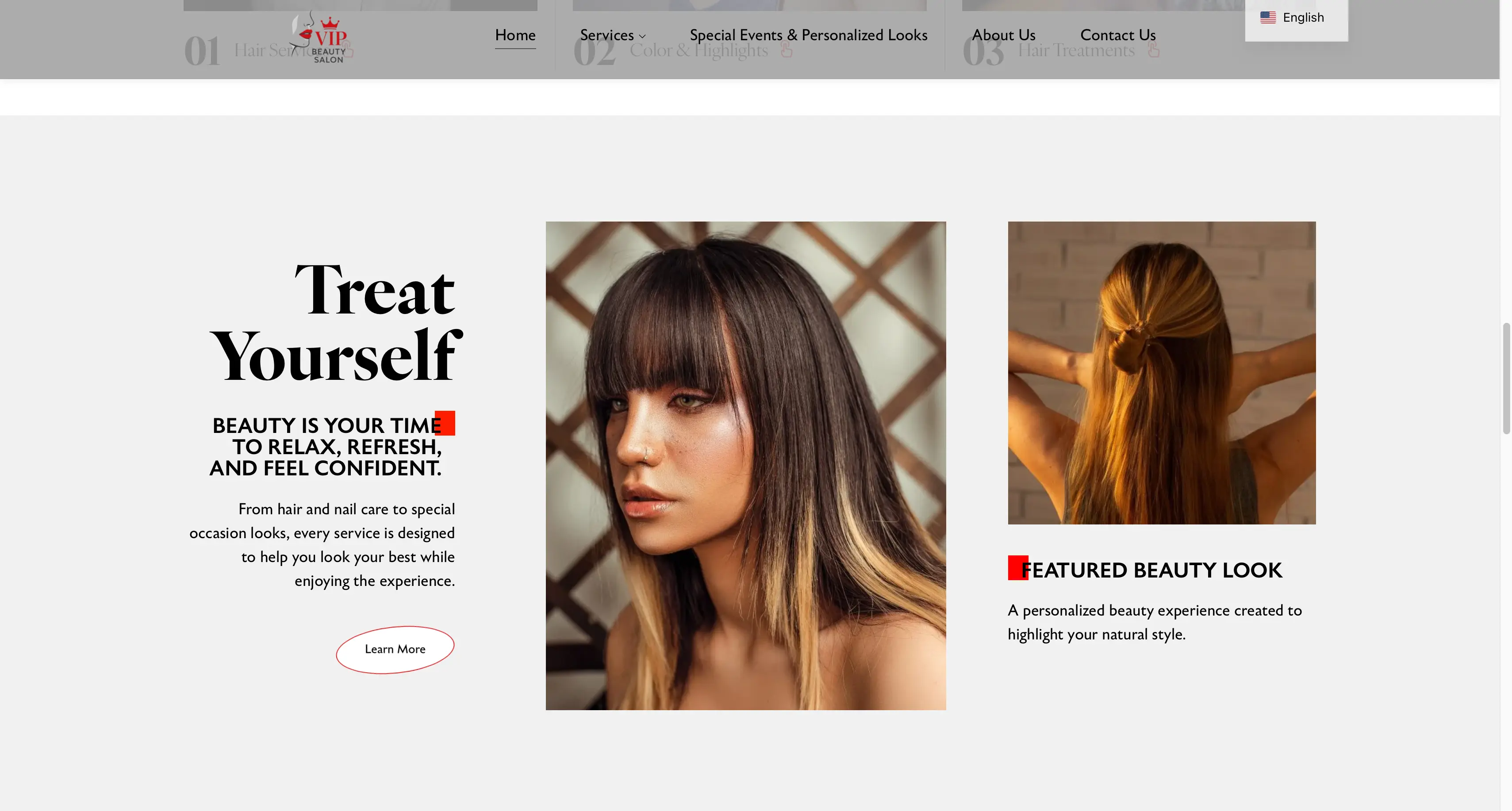 Sección de servicios en la web de VIP Beauty Salon